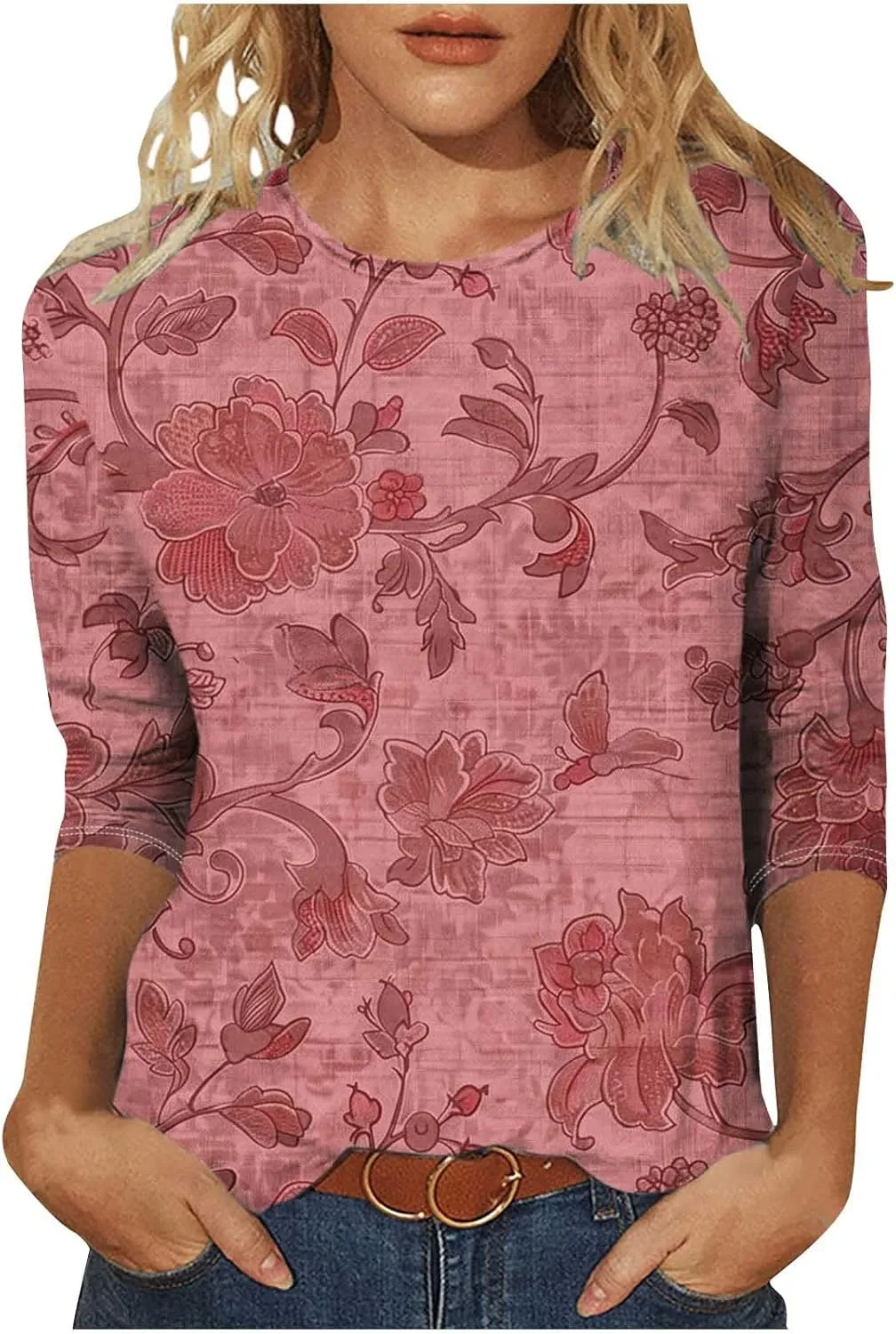 Womens Boho Casual Summer Tops 2025 Floral Blouses Tunic 3/4 Length Sleeve T Shirts Dressy Trendy Ladies Clothing