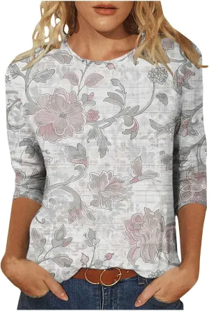 Womens Boho Casual Summer Tops 2025 Floral Blouses Tunic 3/4 Length Sleeve T Shirts Dressy Trendy Ladies Clothing