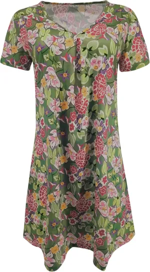 Womens Boho Floral Printed Dresses Summer Casual Short Sleeve V Neck Loose Fit Mini Dress Going Out Beach Wear
