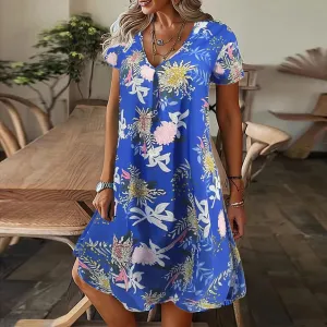 Womens Boho Floral Printed Dresses Summer Casual Short Sleeve V Neck Loose Fit Mini Dress Going Out Beach Wear