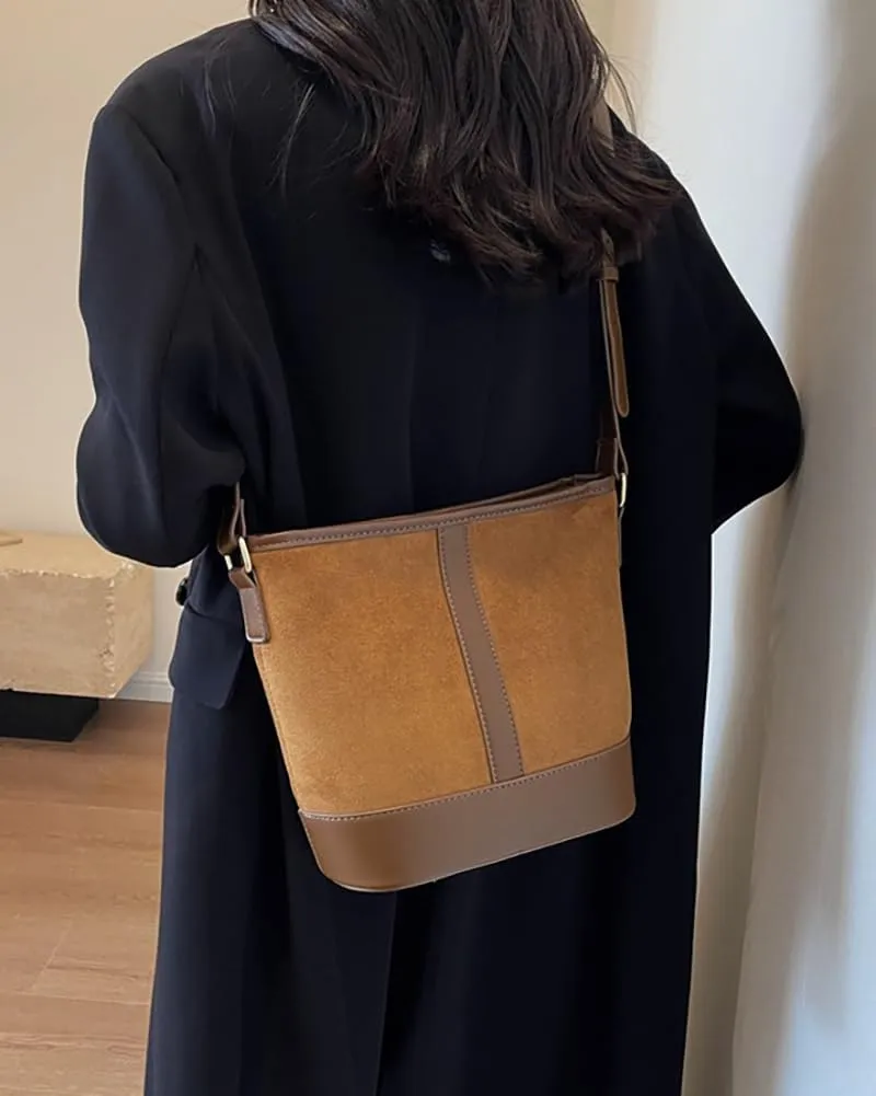 Women's Bucket Tote Bags Large Top Handle Satchel Handbags PU Leather Splicing Suede Shoulder Crossbody Purses