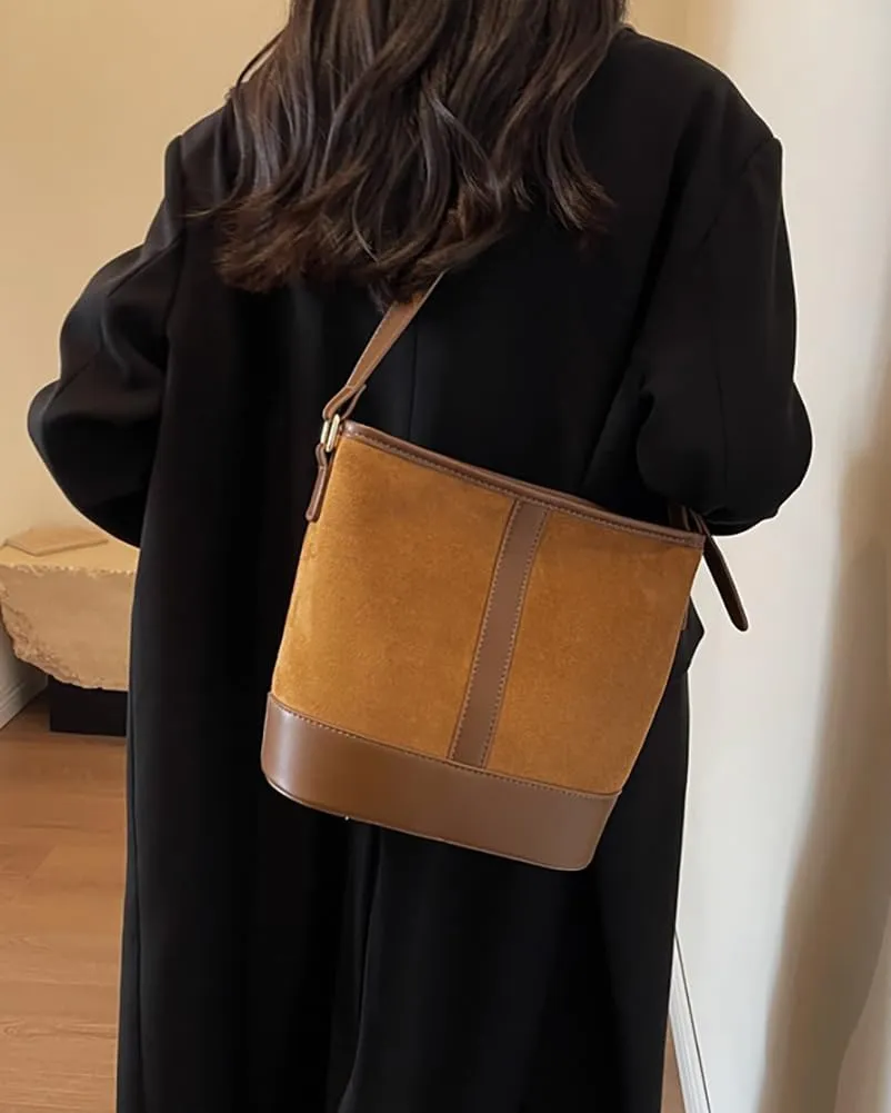 Women's Bucket Tote Bags Large Top Handle Satchel Handbags PU Leather Splicing Suede Shoulder Crossbody Purses