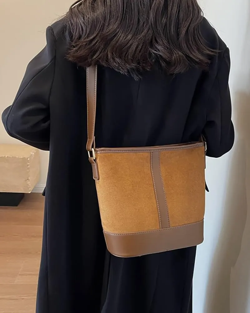 Women's Bucket Tote Bags Large Top Handle Satchel Handbags PU Leather Splicing Suede Shoulder Crossbody Purses
