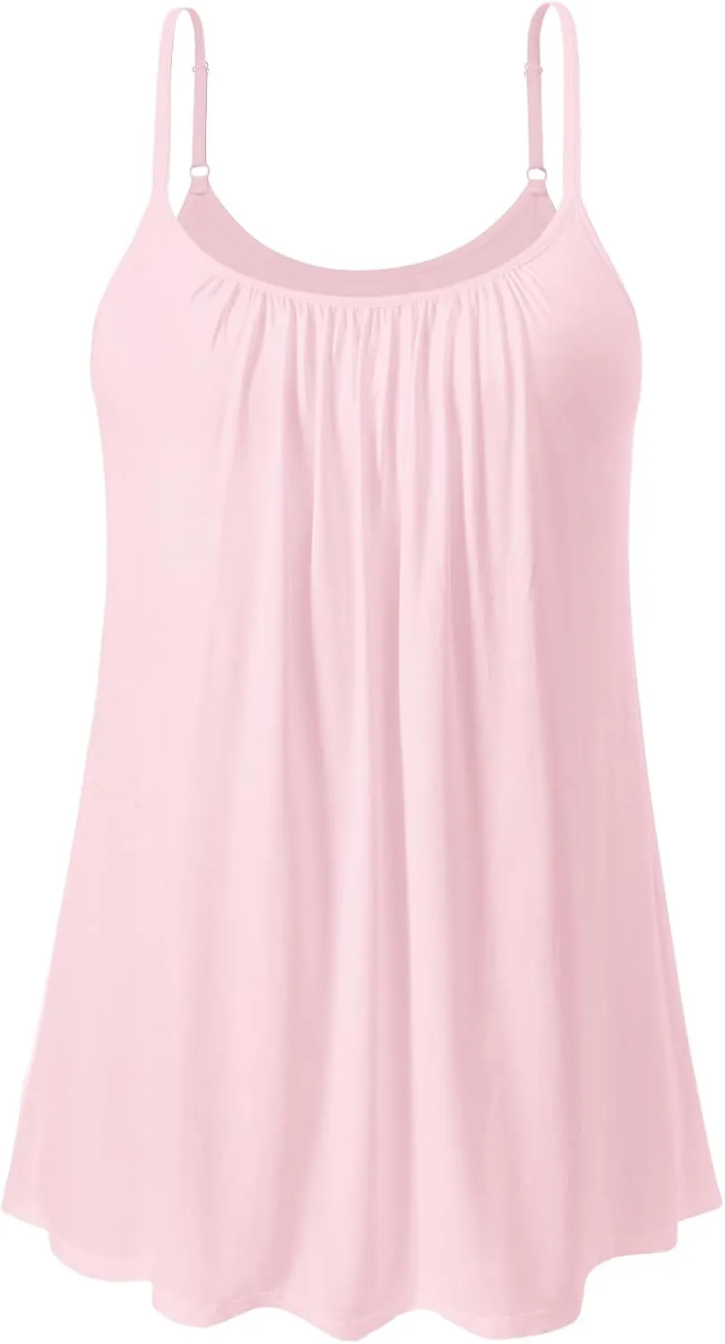 Women's Camisole with Built Bra Flowy Loose Fit Cami Pleated Adjustable Strap Tanks