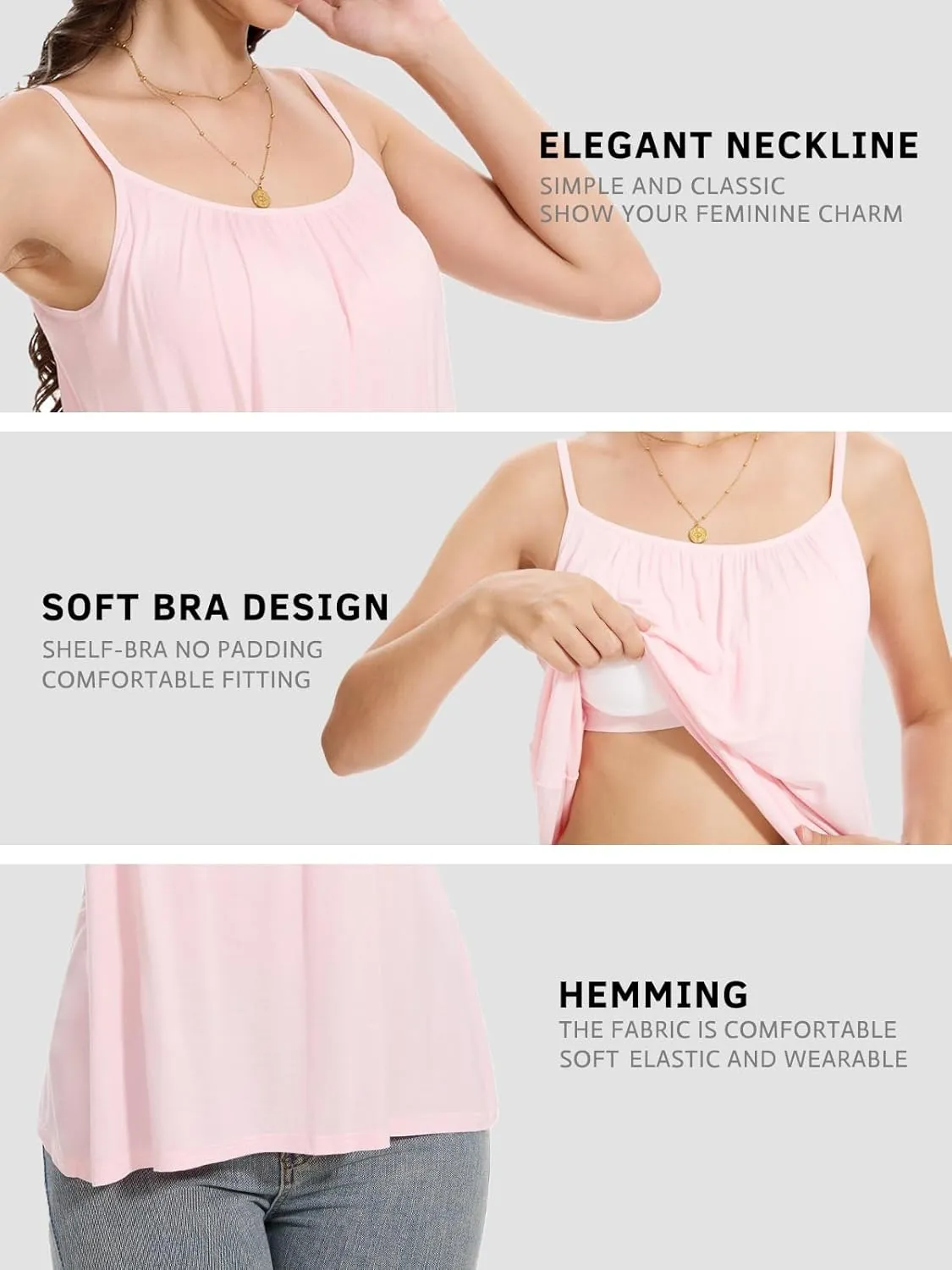 Women's Camisole with Built Bra Flowy Loose Fit Cami Pleated Adjustable Strap Tanks