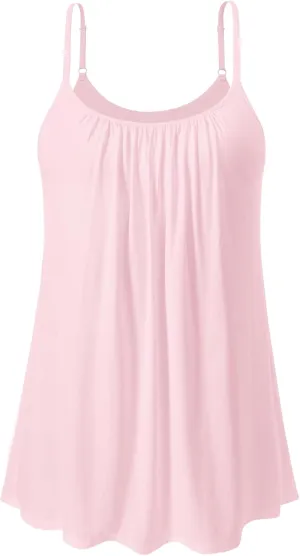 Women's Camisole with Built Bra Flowy Loose Fit Cami Pleated Adjustable Strap Tanks