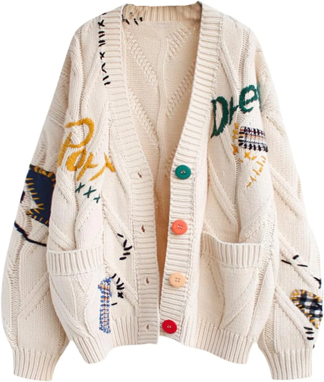 Women's Cardigan Open Front Oversized Button Knit Sweaters Printed V Neck Loose Lightweight Cardigans Casual Outwear