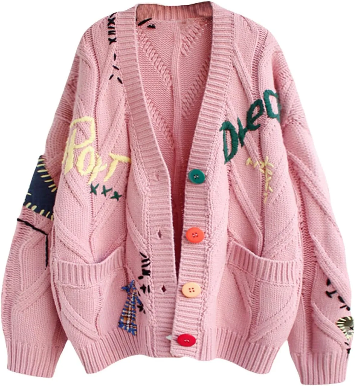 Women's Cardigan Open Front Oversized Button Knit Sweaters Printed V Neck Loose Lightweight Cardigans Casual Outwear