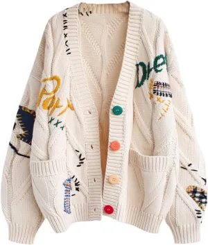 Women's Cardigan Open Front Oversized Button Knit Sweaters Printed V Neck Loose Lightweight Cardigans Casual Outwear