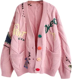 Women's Cardigan Open Front Oversized Button Knit Sweaters Printed V Neck Loose Lightweight Cardigans Casual Outwear