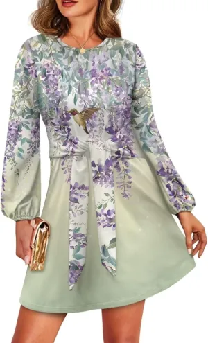 Womens Casual Dress Crewneck Long Sleeve A Line Mini Dresses Tie Waist Flowy Outfits Sexy Stylish Sundress
