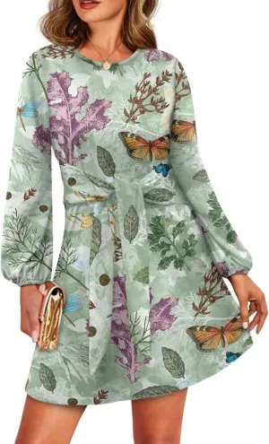 Womens Casual Dress Crewneck Long Sleeve A Line Mini Dresses Tie Waist Flowy Outfits Sexy Stylish Sundress