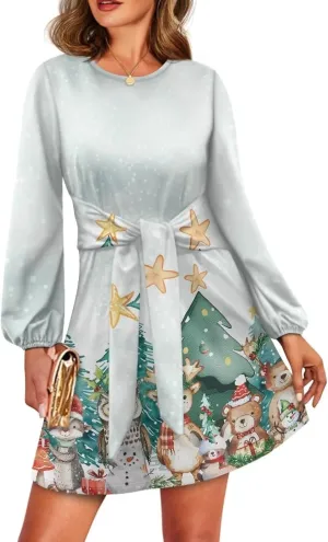 Womens Casual Dress Crewneck Long Sleeve A Line Mini Dresses Tie Waist Flowy Outfits Sexy Stylish Sundress