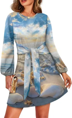Womens Casual Dress Crewneck Long Sleeve A Line Mini Dresses Tie Waist Flowy Outfits Sexy Stylish Sundress