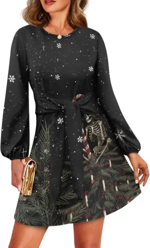 Womens Casual Dress Crewneck Long Sleeve A Line Mini Dresses Tie Waist Flowy Outfits Sexy Stylish Sundress