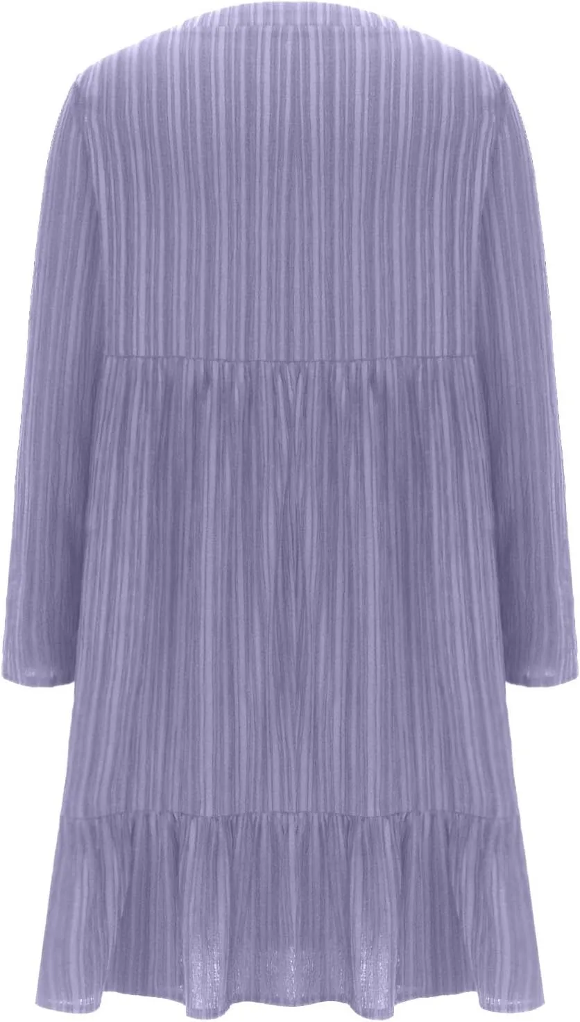 Women's Casual Long Sleeve V Neck Pleated Dress Tiered Ruffle Hem A-Line Loose Fit Flowy Swing Babydoll Mini Dresses