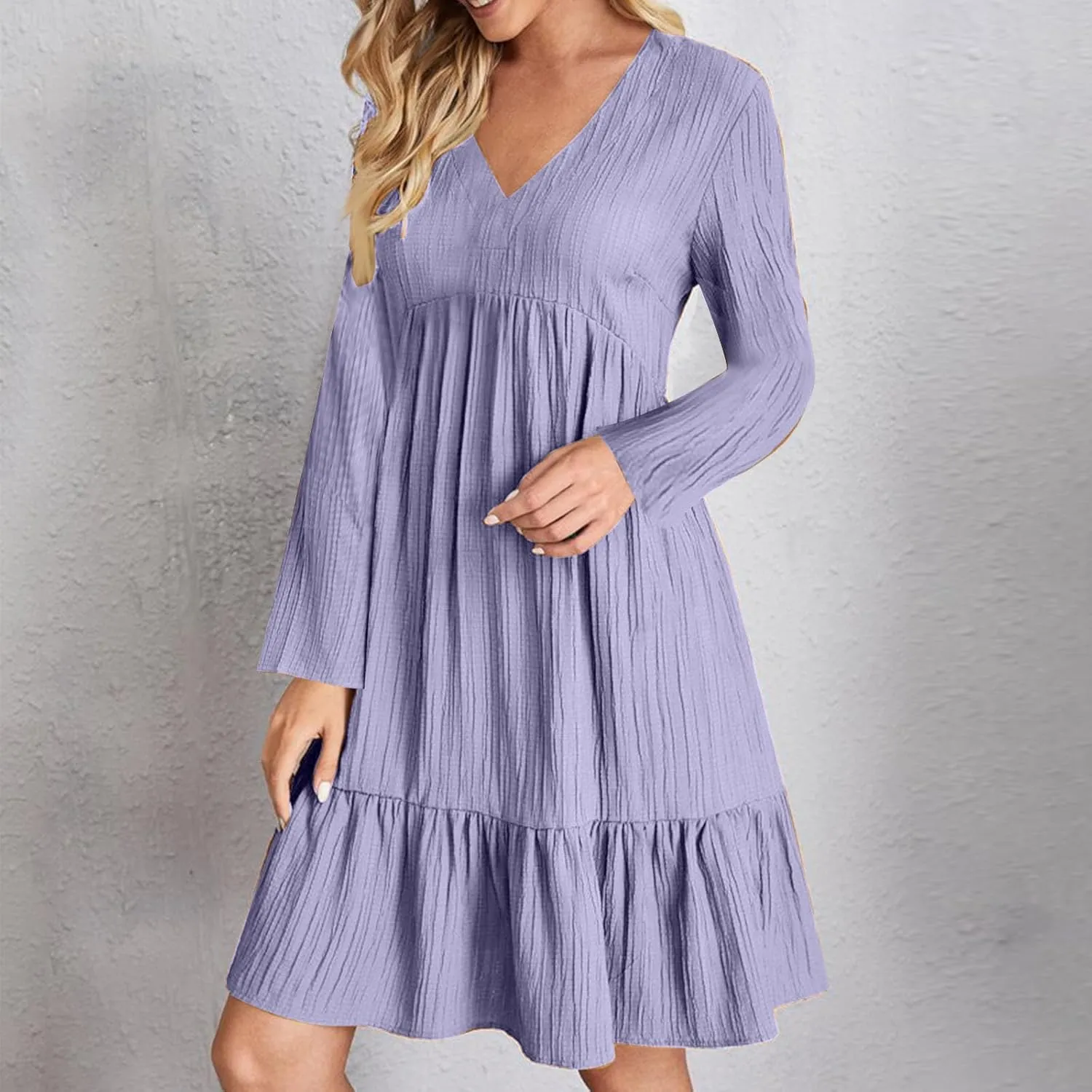 Women's Casual Long Sleeve V Neck Pleated Dress Tiered Ruffle Hem A-Line Loose Fit Flowy Swing Babydoll Mini Dresses