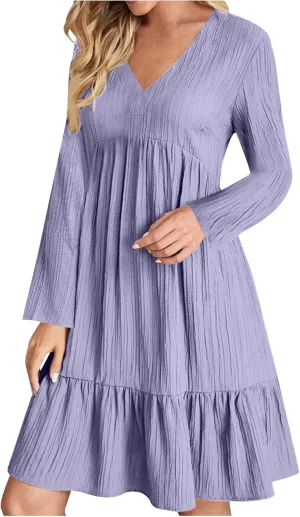 Women's Casual Long Sleeve V Neck Pleated Dress Tiered Ruffle Hem A-Line Loose Fit Flowy Swing Babydoll Mini Dresses