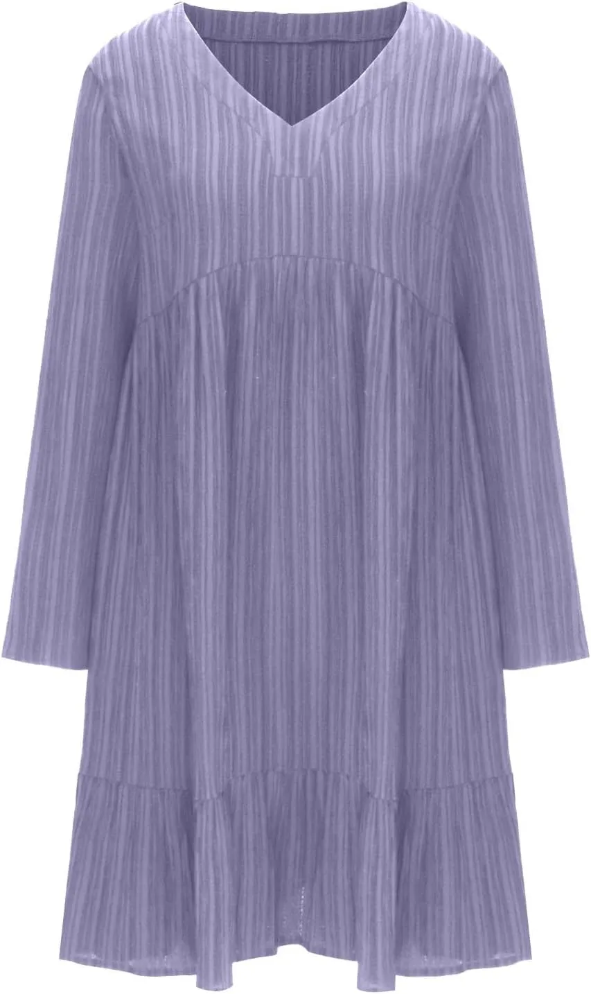 Women's Casual Long Sleeve V Neck Pleated Dress Tiered Ruffle Hem A-Line Loose Fit Flowy Swing Babydoll Mini Dresses
