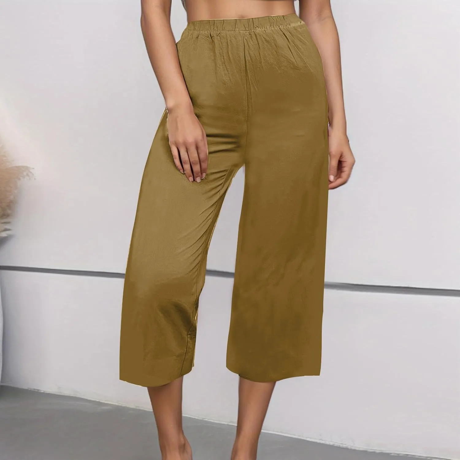 Women's Casual Loose Linen Capri Pants - Comfortable Elastic Waist Breathable Summer Trousers, Relaxed Boho Pants