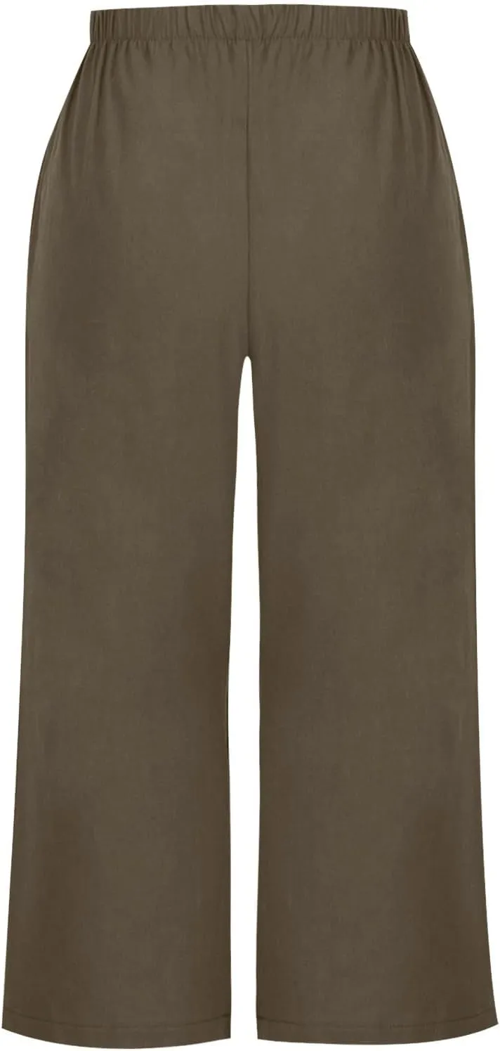 Women's Casual Loose Linen Capri Pants - Comfortable Elastic Waist Breathable Summer Trousers, Relaxed Boho Pants