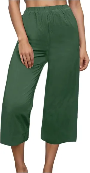 Women's Casual Loose Linen Capri Pants - Comfortable Elastic Waist Breathable Summer Trousers, Relaxed Boho Pants