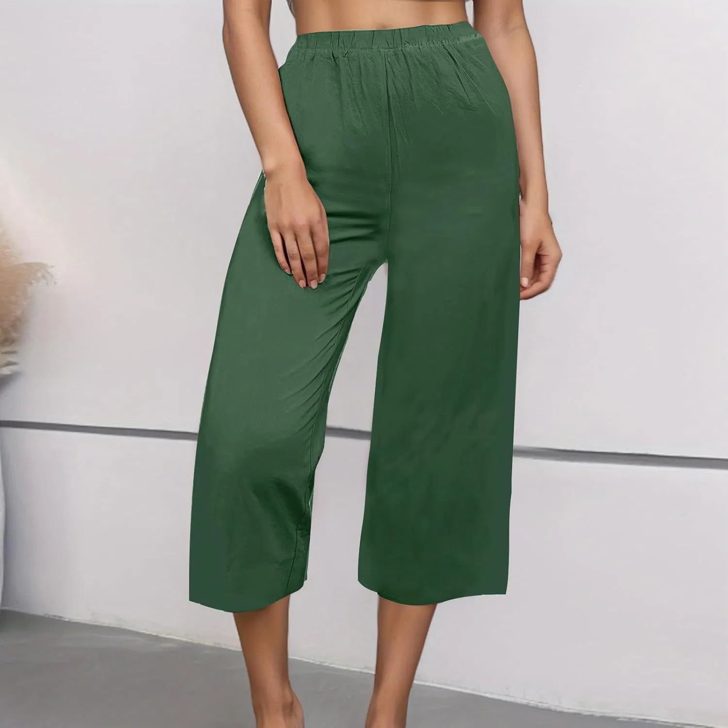 Women's Casual Loose Linen Capri Pants - Comfortable Elastic Waist Breathable Summer Trousers, Relaxed Boho Pants