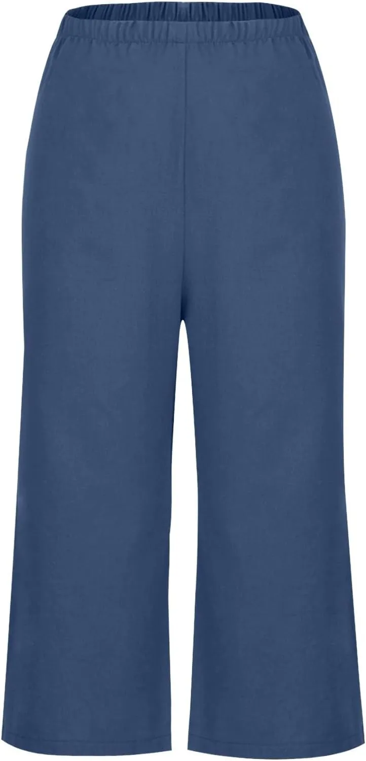 Women's Casual Loose Linen Capri Pants - Comfortable Elastic Waist Breathable Summer Trousers, Relaxed Boho Pants