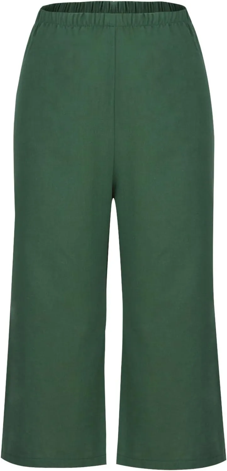 Women's Casual Loose Linen Capri Pants - Comfortable Elastic Waist Breathable Summer Trousers, Relaxed Boho Pants