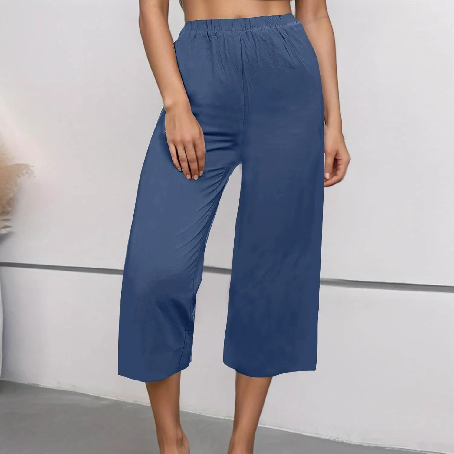 Women's Casual Loose Linen Capri Pants - Comfortable Elastic Waist Breathable Summer Trousers, Relaxed Boho Pants