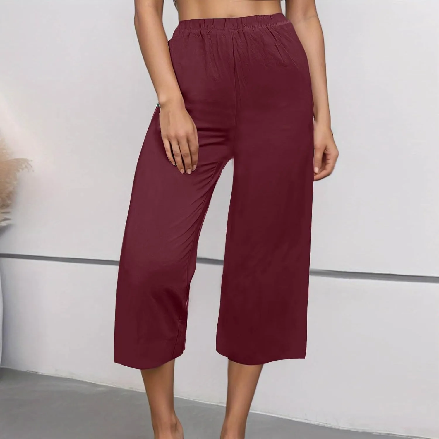 Women's Casual Loose Linen Capri Pants - Comfortable Elastic Waist Breathable Summer Trousers, Relaxed Boho Pants