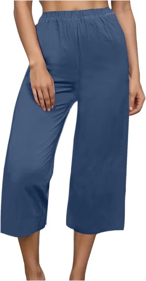 Women's Casual Loose Linen Capri Pants - Comfortable Elastic Waist Breathable Summer Trousers, Relaxed Boho Pants
