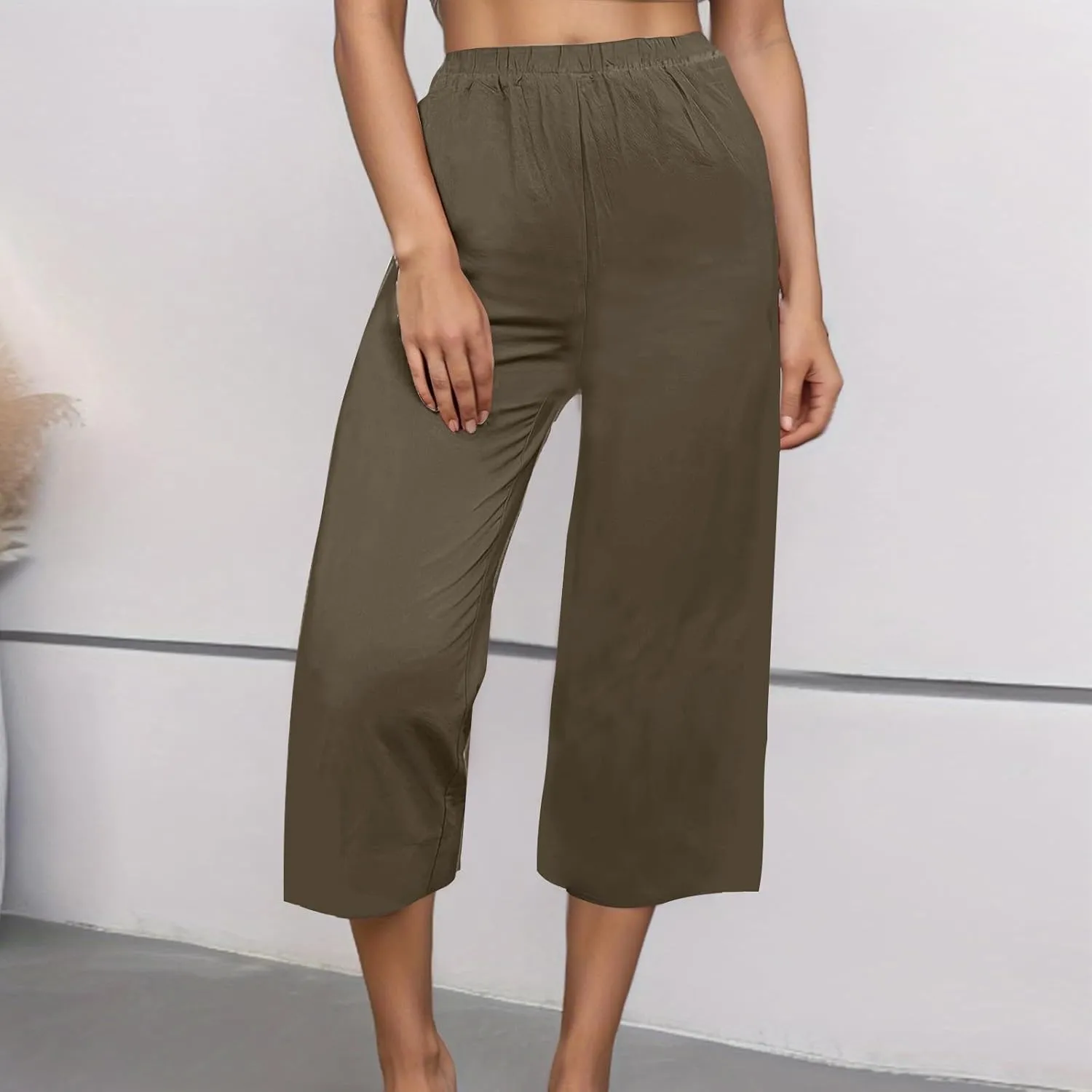 Women's Casual Loose Linen Capri Pants - Comfortable Elastic Waist Breathable Summer Trousers, Relaxed Boho Pants