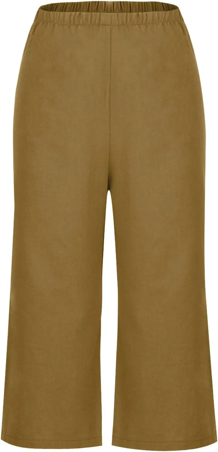 Women's Casual Loose Linen Capri Pants - Comfortable Elastic Waist Breathable Summer Trousers, Relaxed Boho Pants