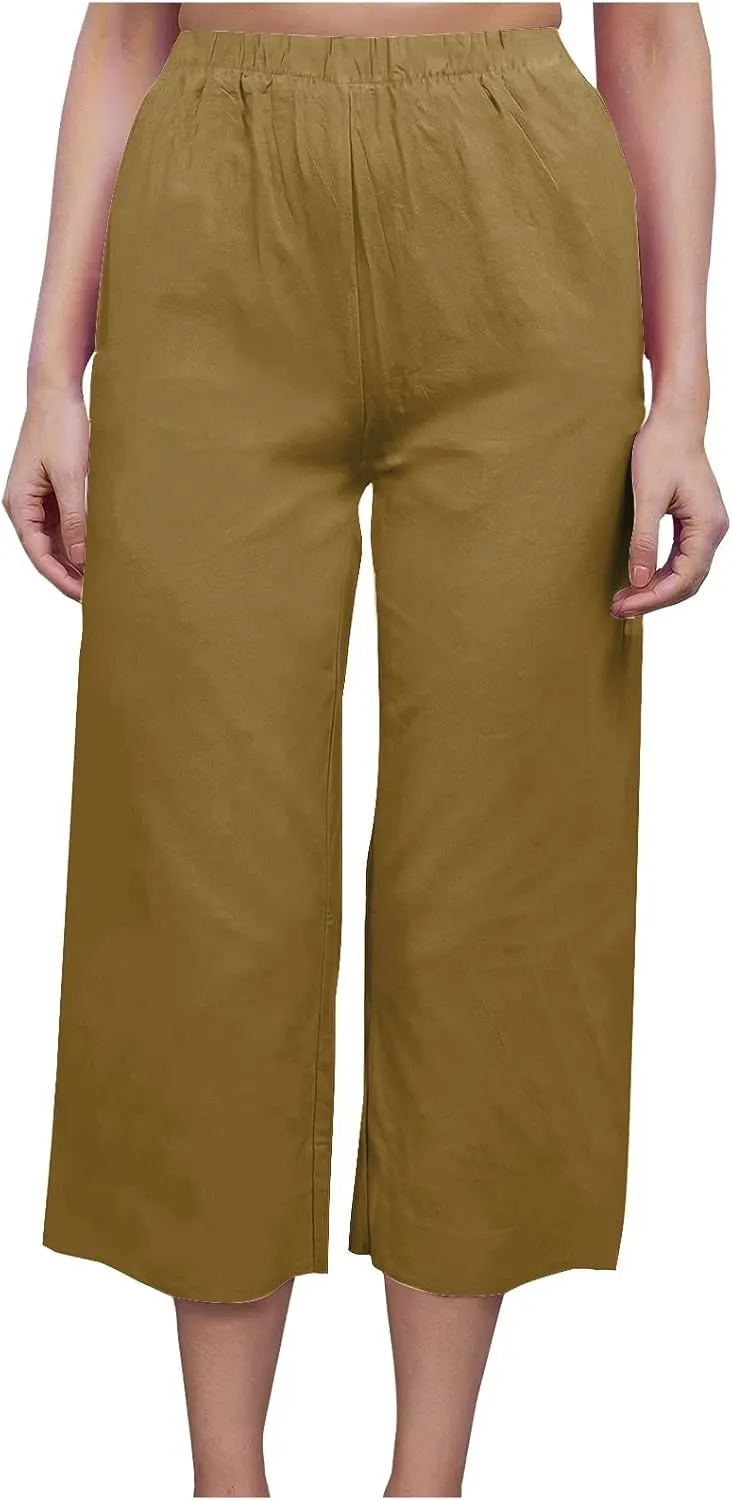 Women's Casual Loose Linen Capri Pants - Comfortable Elastic Waist Breathable Summer Trousers, Relaxed Boho Pants