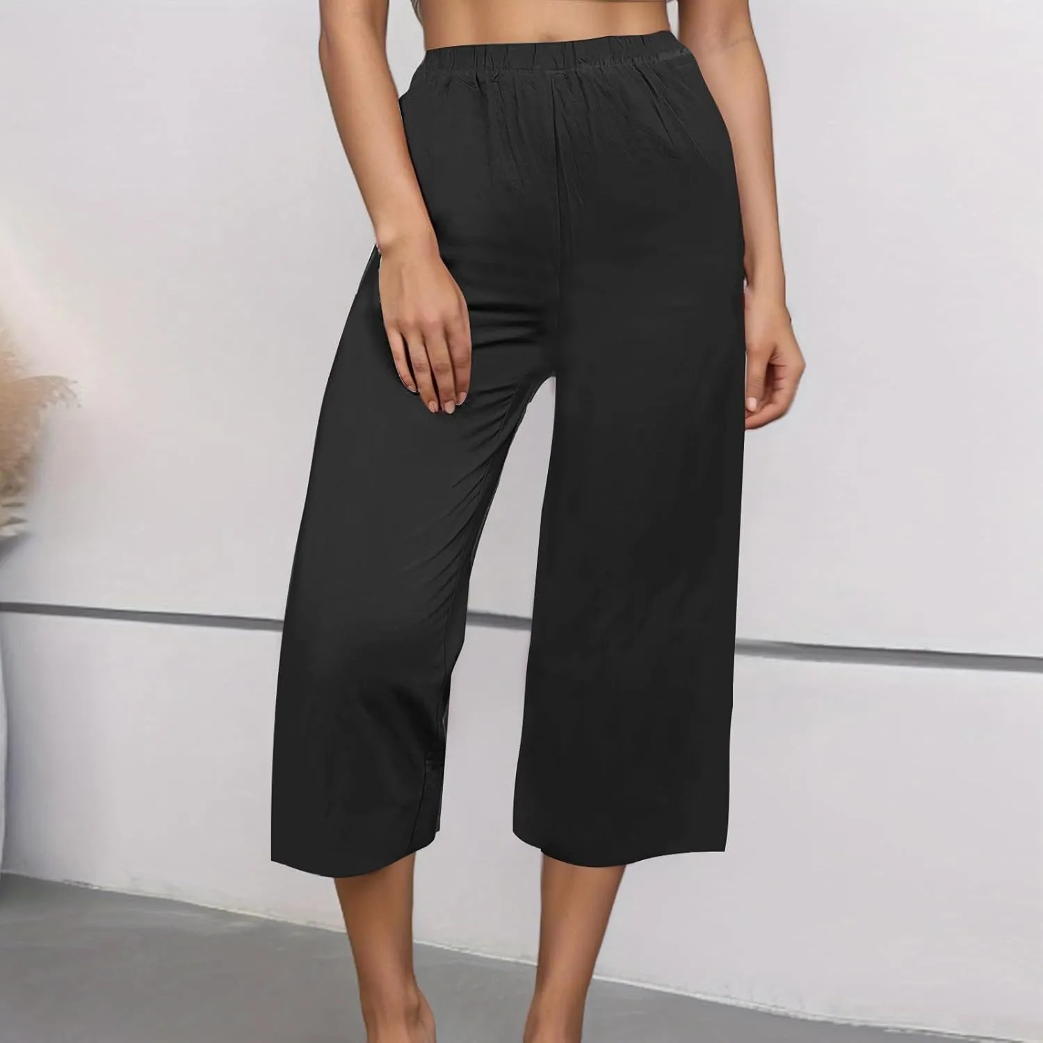 Women's Casual Loose Linen Capri Pants - Comfortable Elastic Waist Breathable Summer Trousers, Relaxed Boho Pants