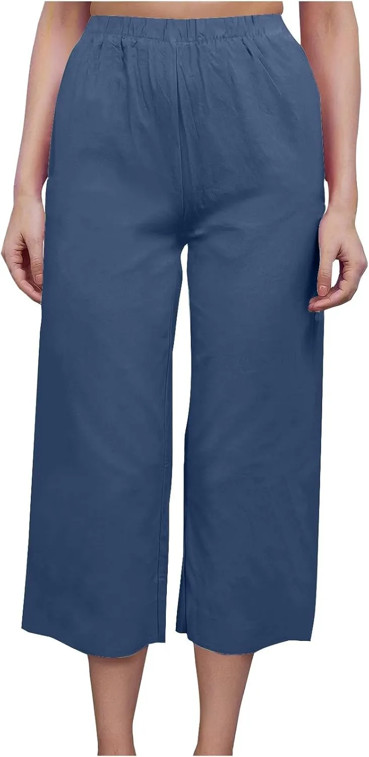 Women's Casual Loose Linen Capri Pants - Comfortable Elastic Waist Breathable Summer Trousers, Relaxed Boho Pants