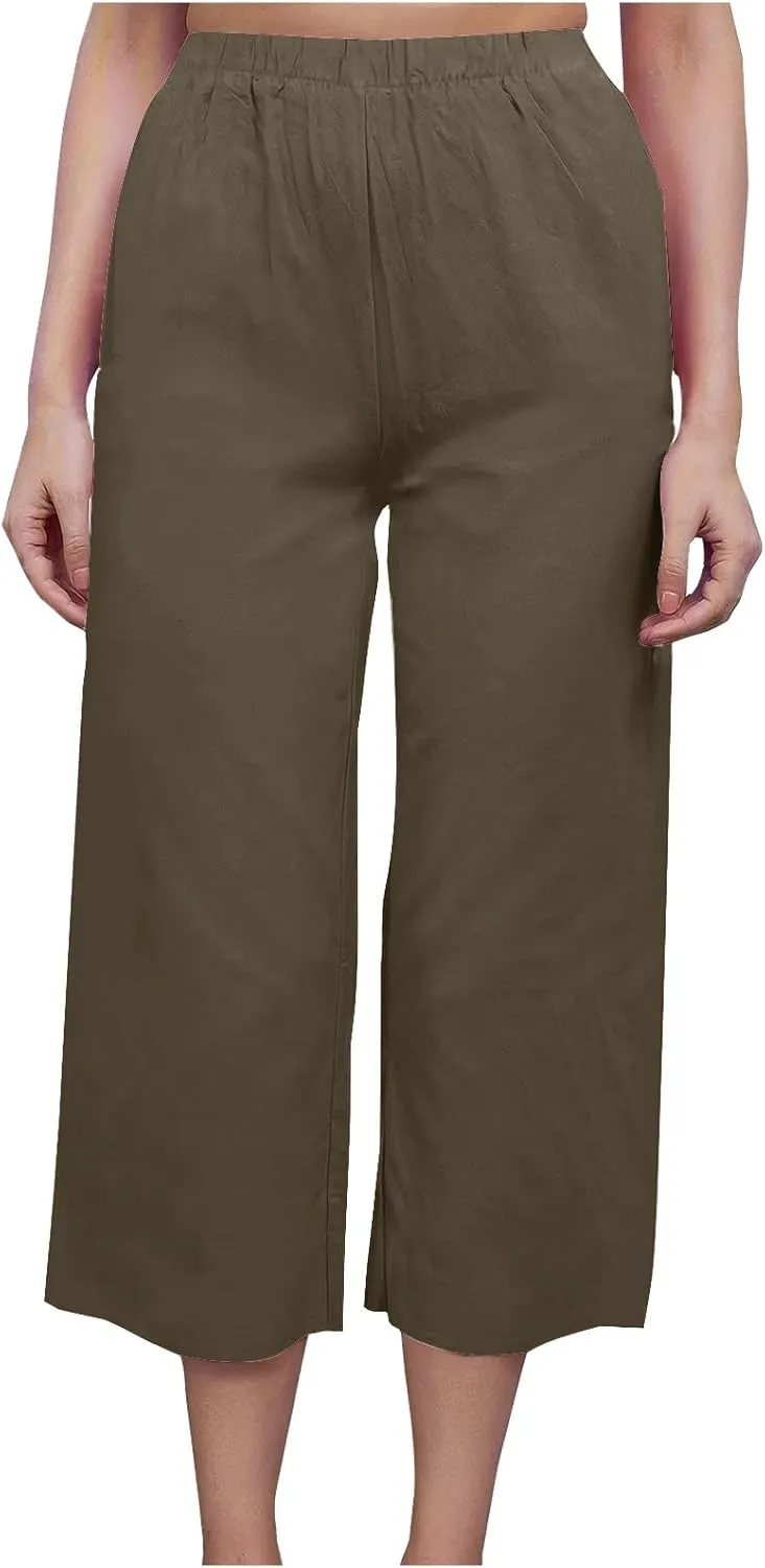 Women's Casual Loose Linen Capri Pants - Comfortable Elastic Waist Breathable Summer Trousers, Relaxed Boho Pants