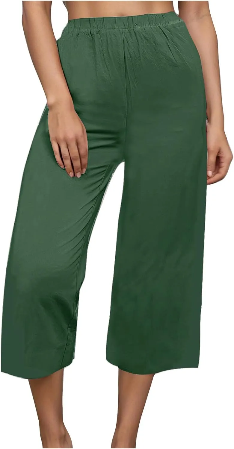 Women's Casual Loose Linen Capri Pants - Comfortable Elastic Waist Breathable Summer Trousers, Relaxed Boho Pants