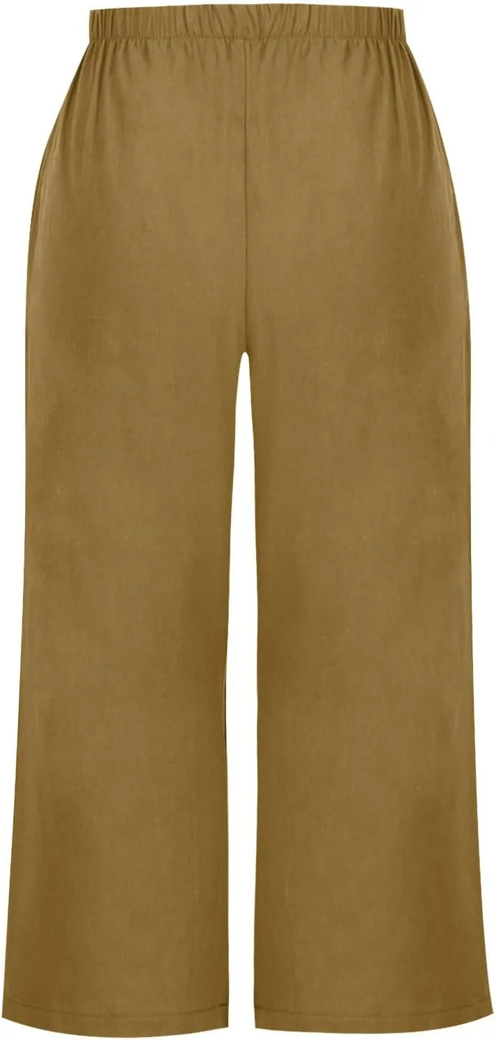 Women's Casual Loose Linen Capri Pants - Comfortable Elastic Waist Breathable Summer Trousers, Relaxed Boho Pants
