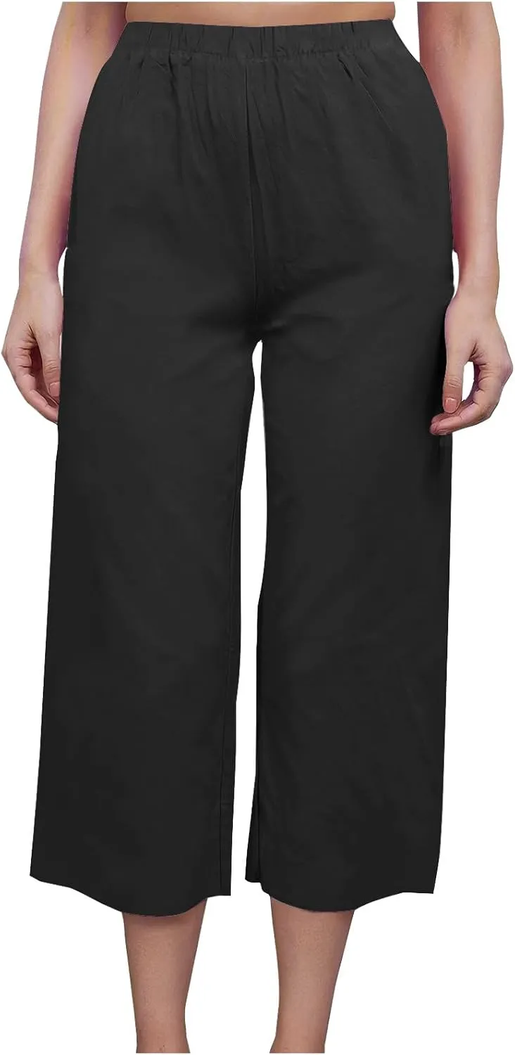 Women's Casual Loose Linen Capri Pants - Comfortable Elastic Waist Breathable Summer Trousers, Relaxed Boho Pants