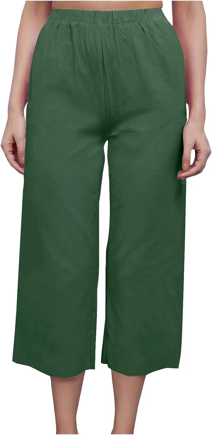 Women's Casual Loose Linen Capri Pants - Comfortable Elastic Waist Breathable Summer Trousers, Relaxed Boho Pants