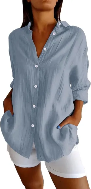Womens Casual Shirts Cotton Linen Loose Singel Breasted Lapel Solid Business Blouse Daily Fashion Long Sleeve Shirts