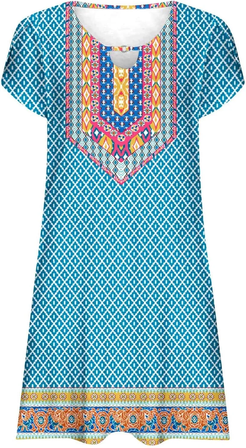 Women's Casual Summer A-Line Dresses Beach Floral Tshirt Dress Short Sleeve Mini Dress Flowy Sundresses