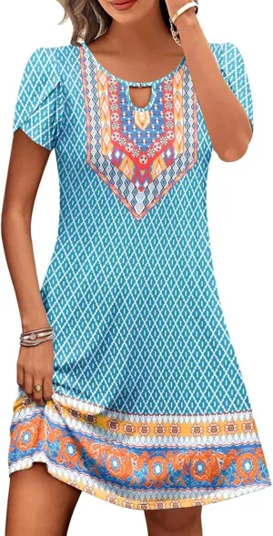 Women's Casual Summer A-Line Dresses Beach Floral Tshirt Dress Short Sleeve Mini Dress Flowy Sundresses