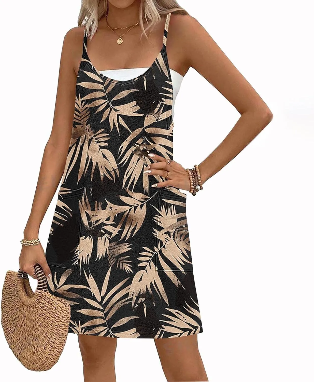 Womens Casual Sundress Trendy Flower Pattern Print Summer Dresses Sleeveless Loose Vacation Beach Dress