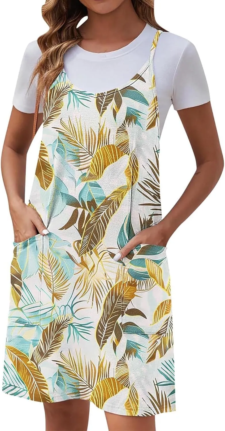 Womens Casual Sundress Trendy Flower Pattern Print Summer Dresses Sleeveless Loose Vacation Beach Dress