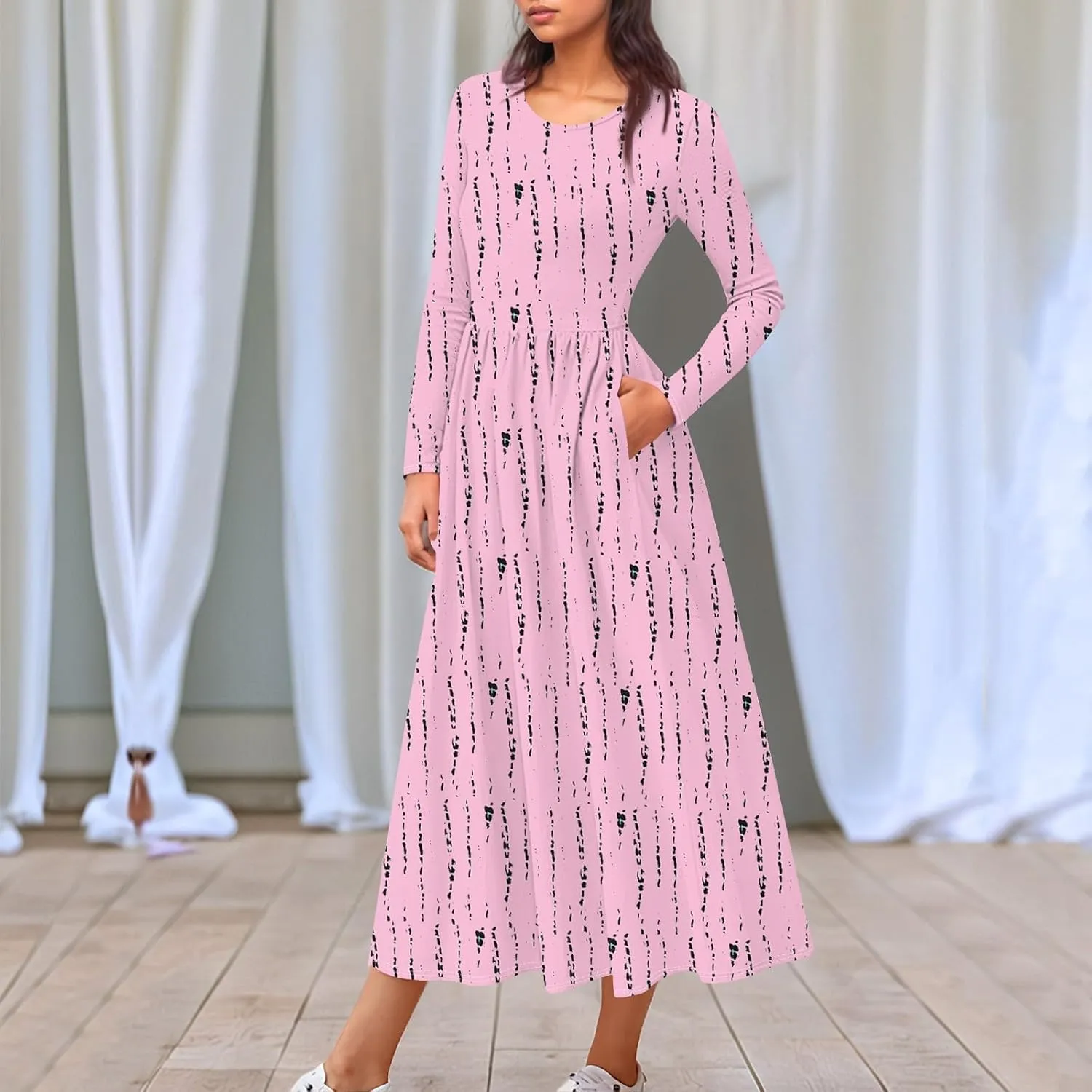 Womens Comfortable Fashion Solid Color Long Dress Crew Neck Long Sleeve Trendy Summer Dresses