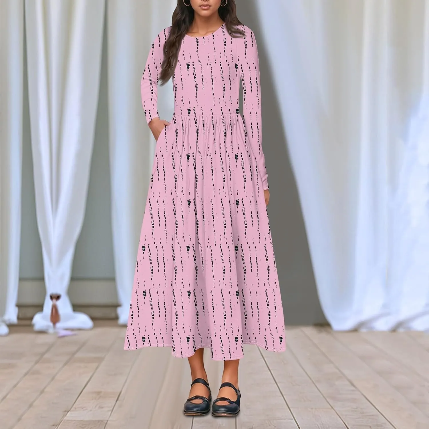 Womens Comfortable Fashion Solid Color Long Dress Crew Neck Long Sleeve Trendy Summer Dresses
