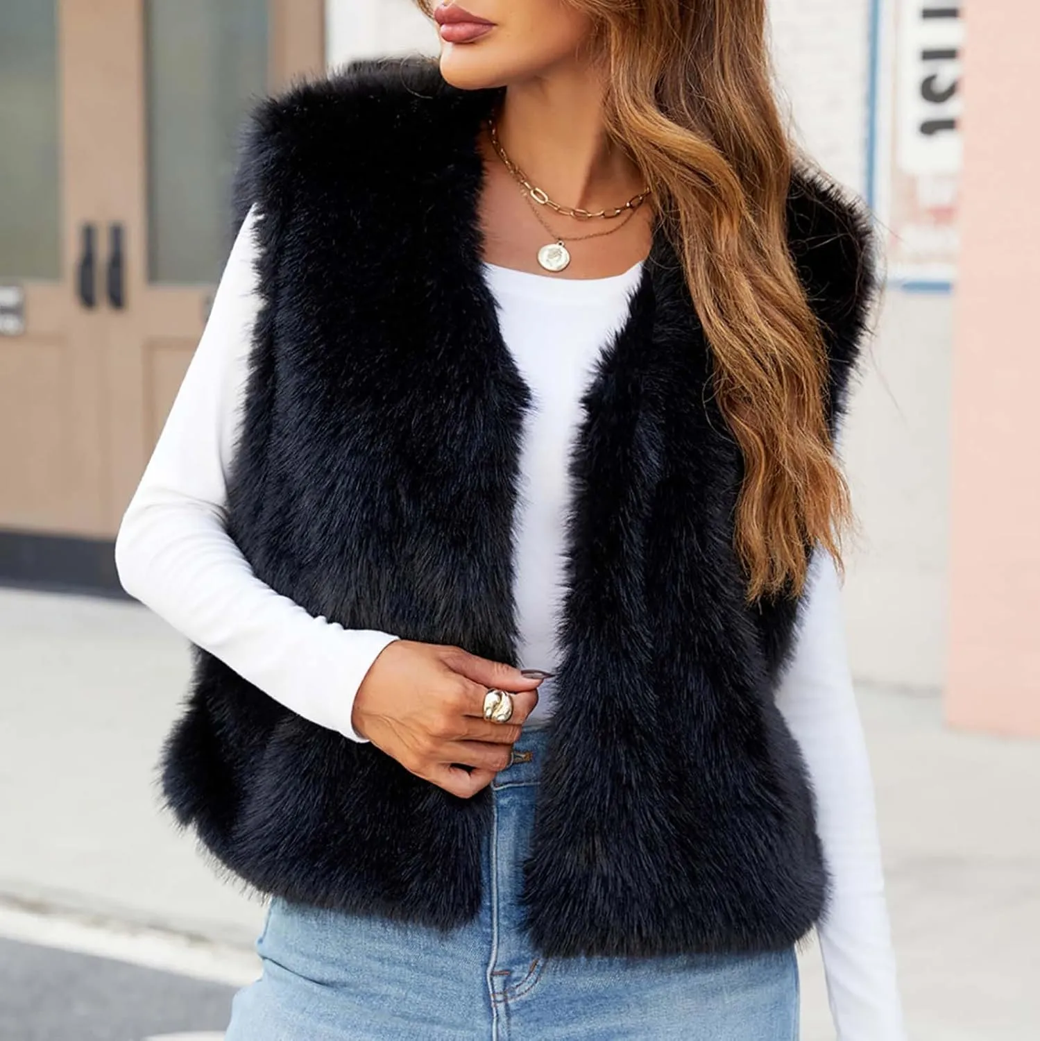 Womens Elegant Faux Furry Coat Ladies Warm Fur Jacket Winter Solid V-Neck Sleeveless Cardigan Outerwear
